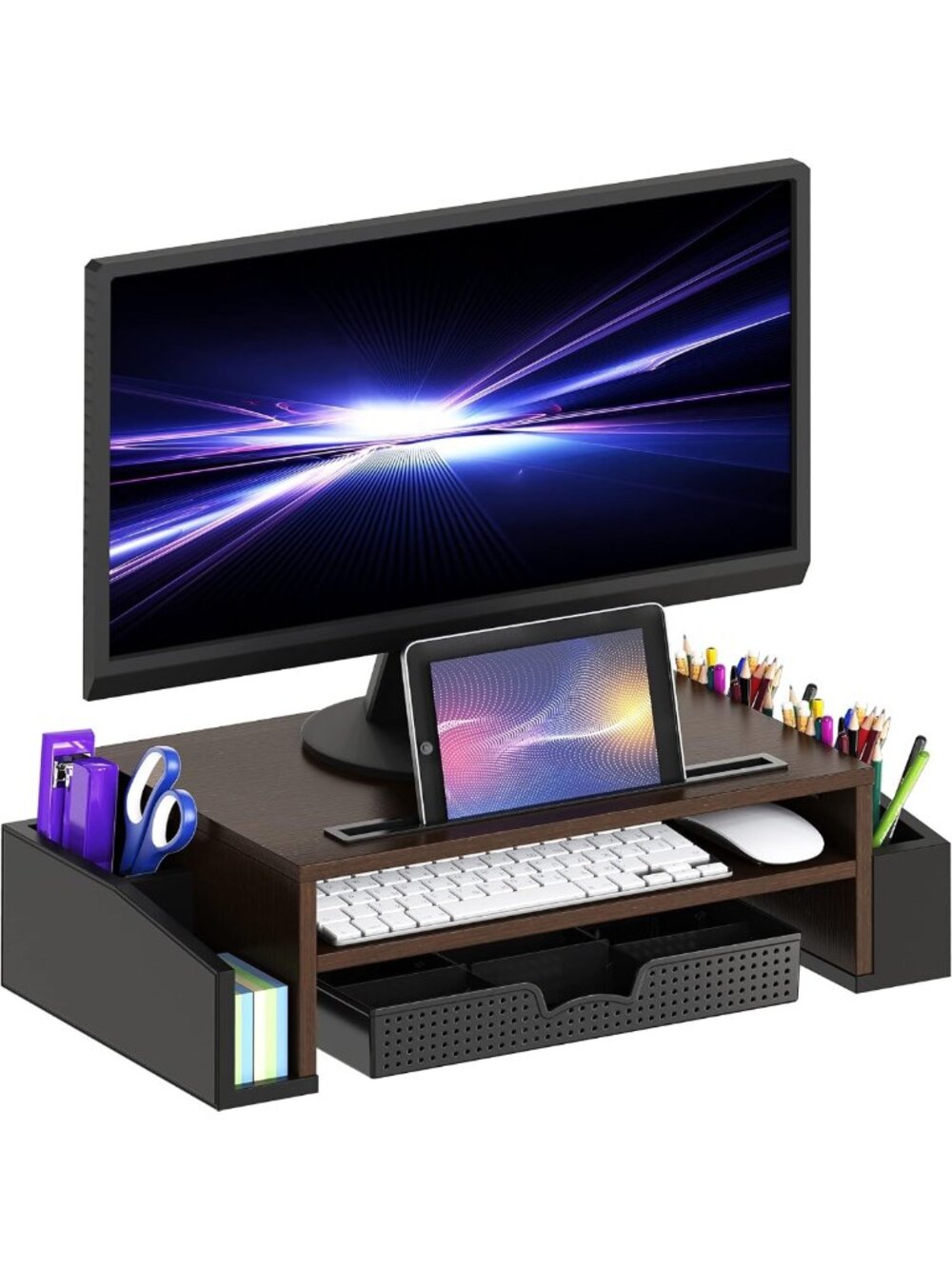 Adjustable Desk Monitor Stand Riser with Tray - Espresso Wood, Space Saver